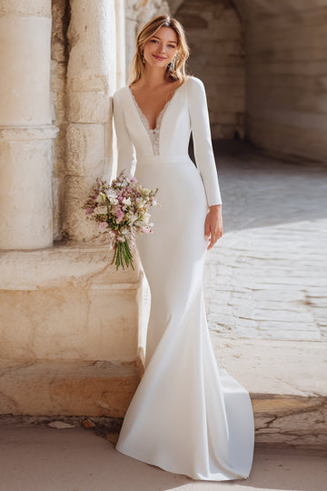 Robe de mariée maxi à col en V sirène ivoire avec manches